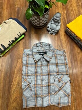 Molokai Surf Co. grey & orange plaid button-up shirt